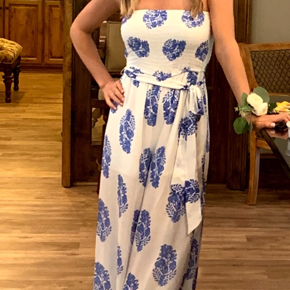 Apricot Lane White and Blue Strapless Jumpsuit